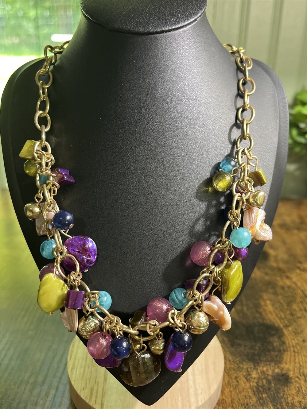 Carol Dauplaise Signed Chunky Charm Necklace Mixed Stone Lucite Gold Tone Tagged